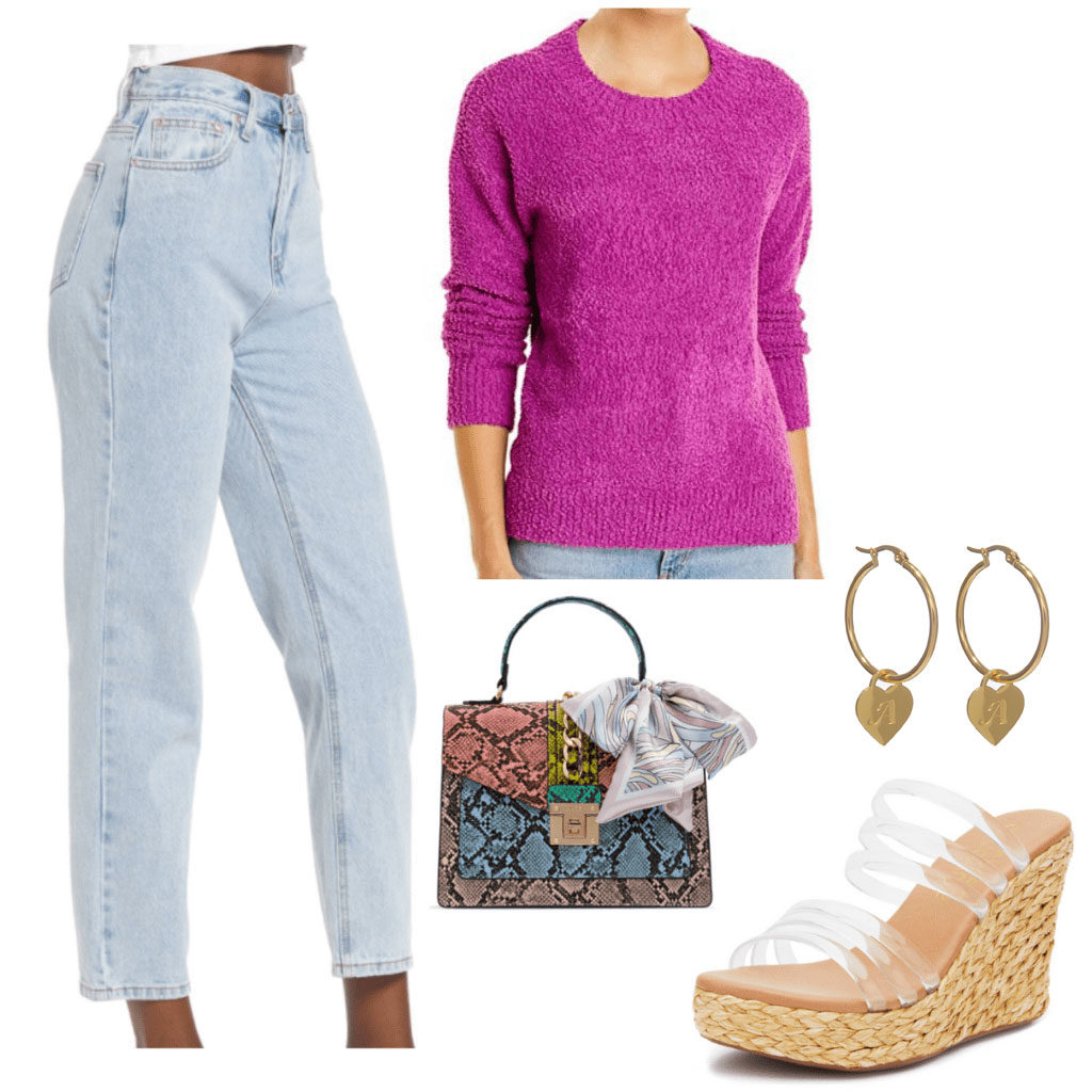 Outfit inspired by Georgia from Ginny and Georgia with platform wedges, high waisted jeans, magenta sweater, patterned bag, gold earrings