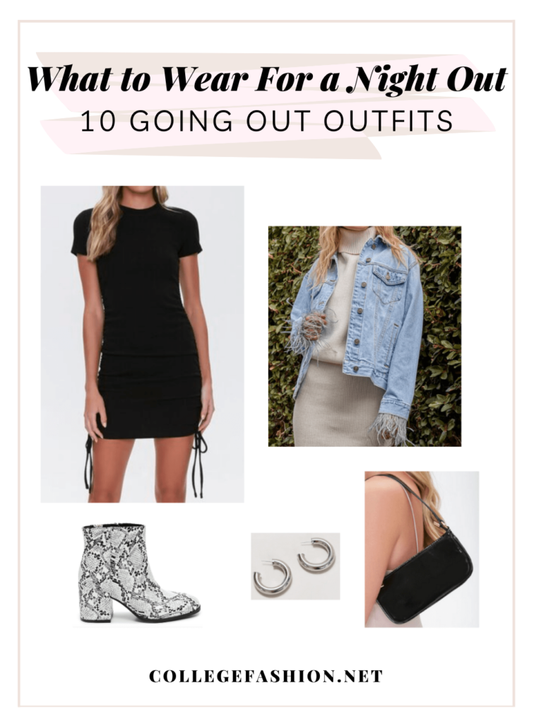 What to Wear for a Night Out, 10 Going Out Outfits with a sample outfit set - denim jacket, black dress, snakeskin boots