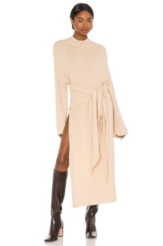 Long sleeve sweater maxi dress in beige with wrap tie waist