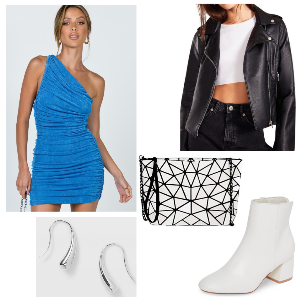 College formal outfit: one shoulder blue ruched dress, faux leather moto jacket, edgy black and white geometric purse, white chunky heeled booties, college formals