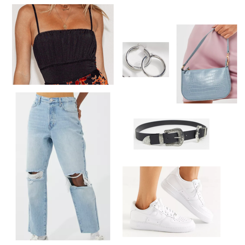 Sample Outfit: ruched black top, distressed mom jeans, white sneakers, black western belt, baby blue snakeskin plan 