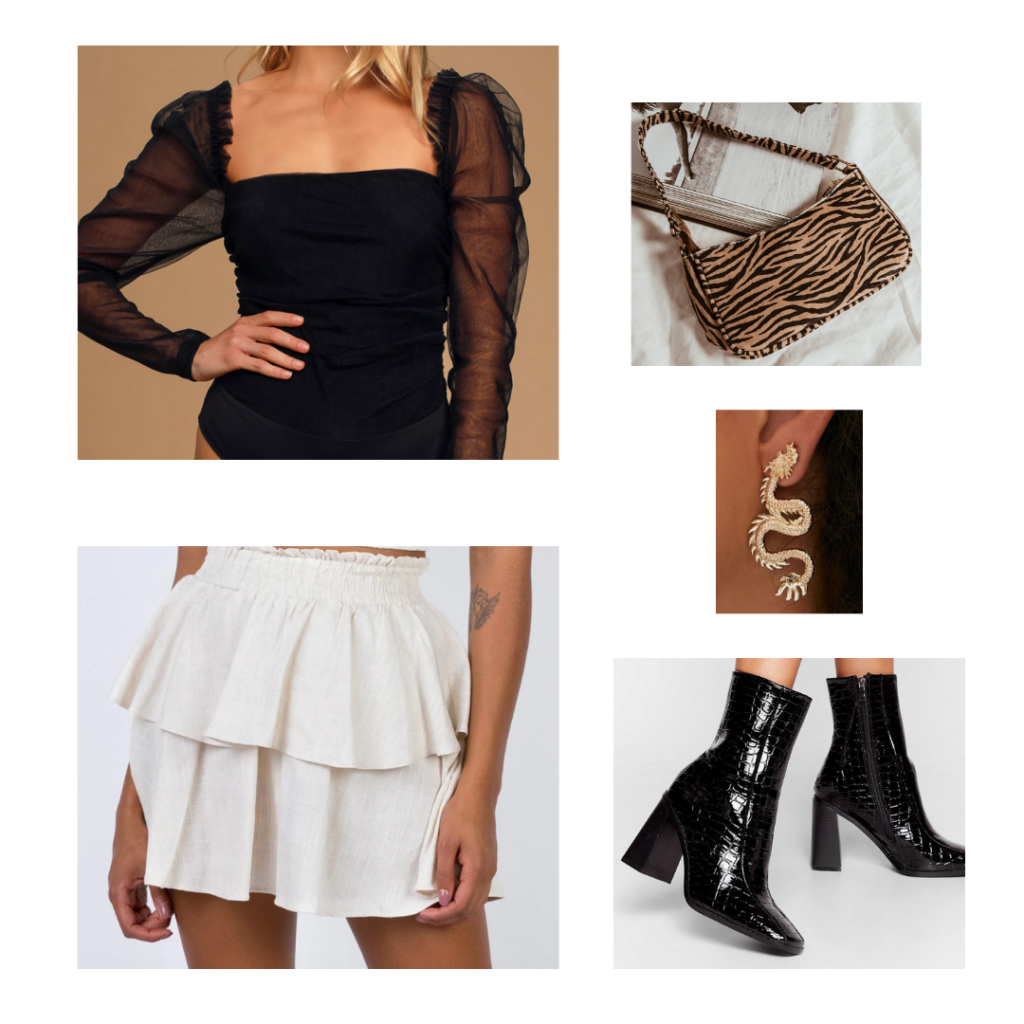 Going Out Outfit: black bodysuit with sheer sleeves, ruffled cream skirt with elastic waistband, dragon earrings, croc black booties