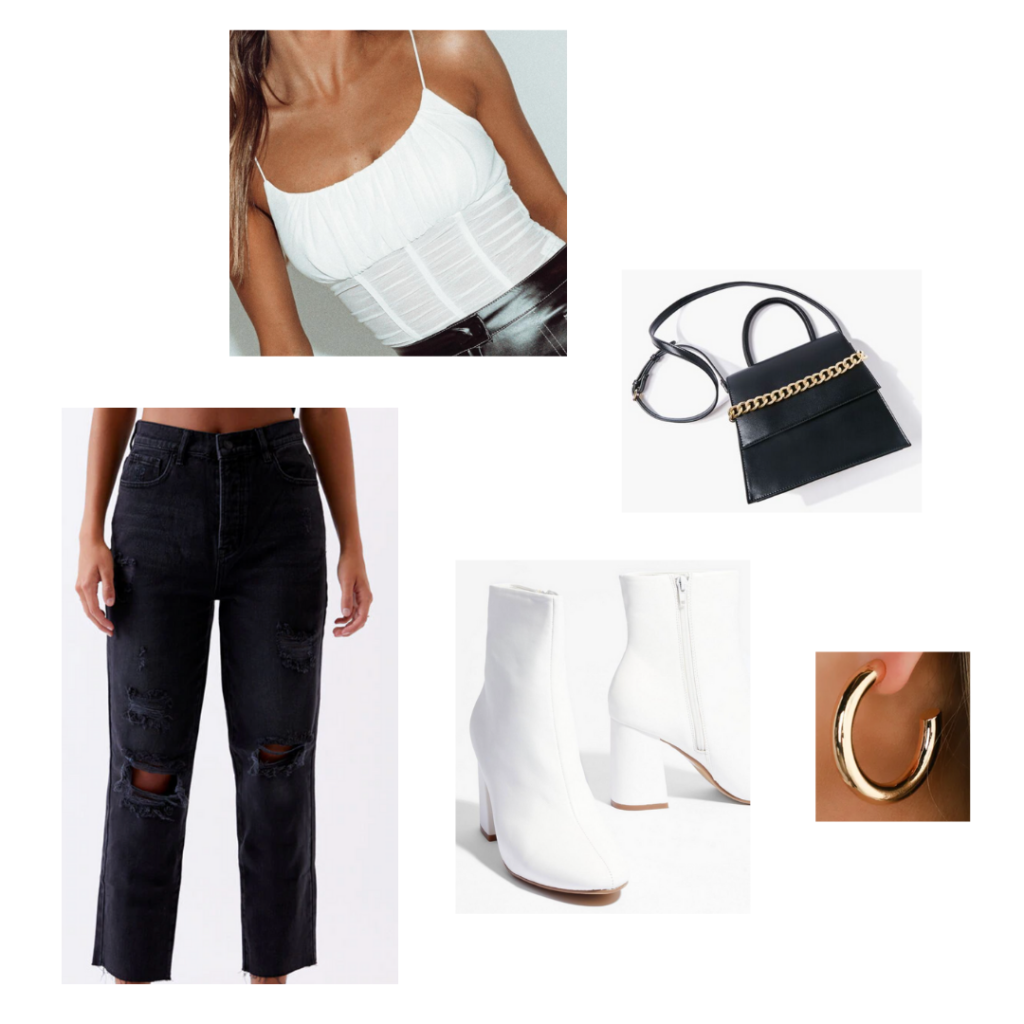 Sample Outfit: white ruched top, black distressed mom jeans, white chunky heeled booties, gold hoop earrings, black shoulder bag with gold chain detail