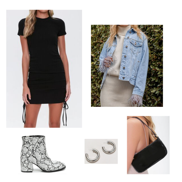 Going Out Outfit: black bodycon short sleeve dress, light wash denim jacket with feather details, snakeskin booties, black shoulder bag, silver hoop earrings