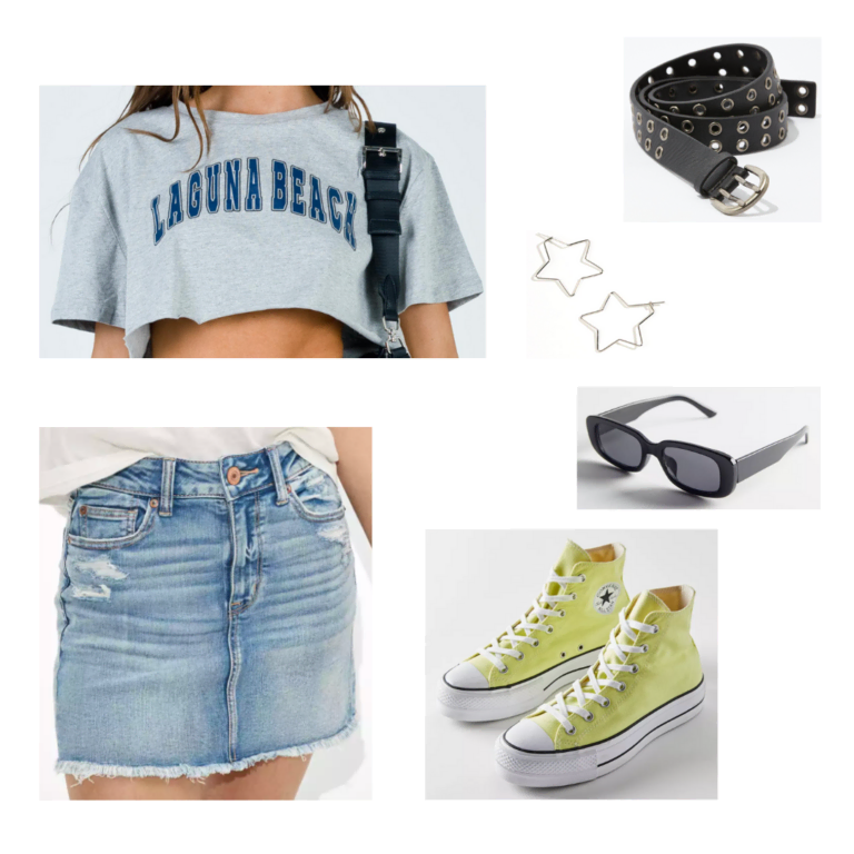 Sample Outfit: Laguna Beach cropped grey tee, blue denim skirt, yellow converse, black sunglasses