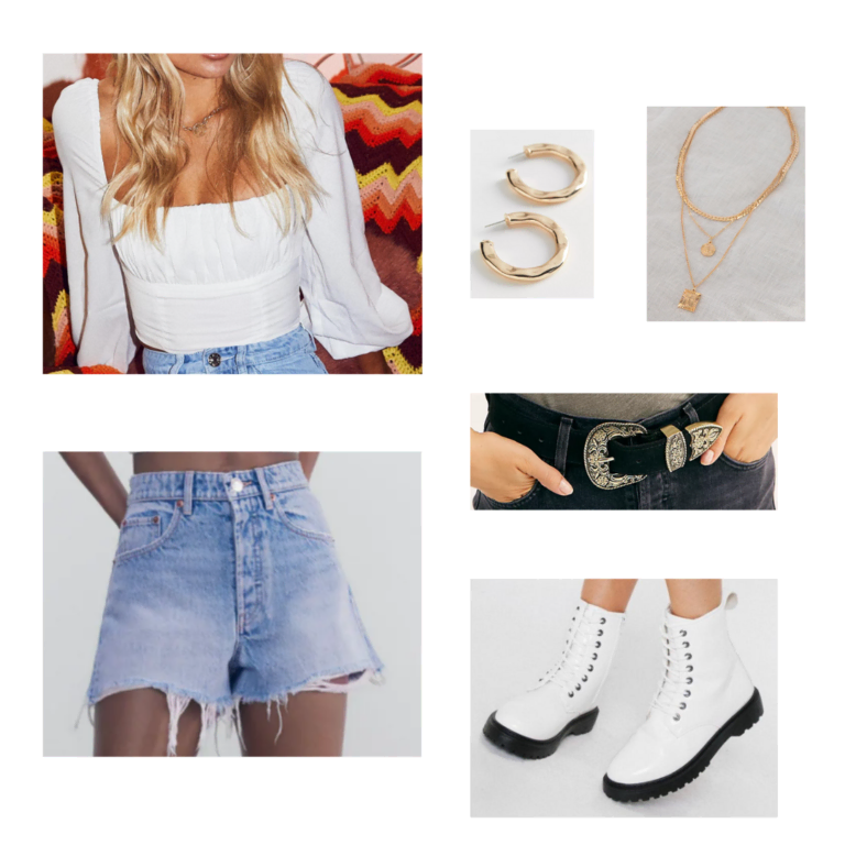Going Out Outfit: white ruched top with peasant sleeves, blue denim shorts, white doc martens, black and gold western belt, gold jewelry