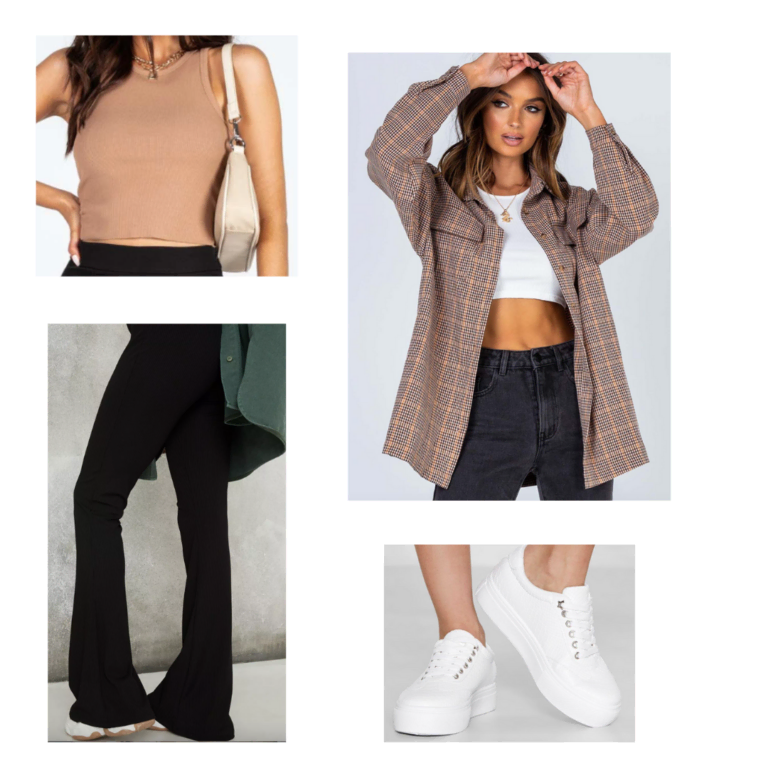 Sample Look: tan high-neck tank, plaid blazer, black flare jeans, white sneakers