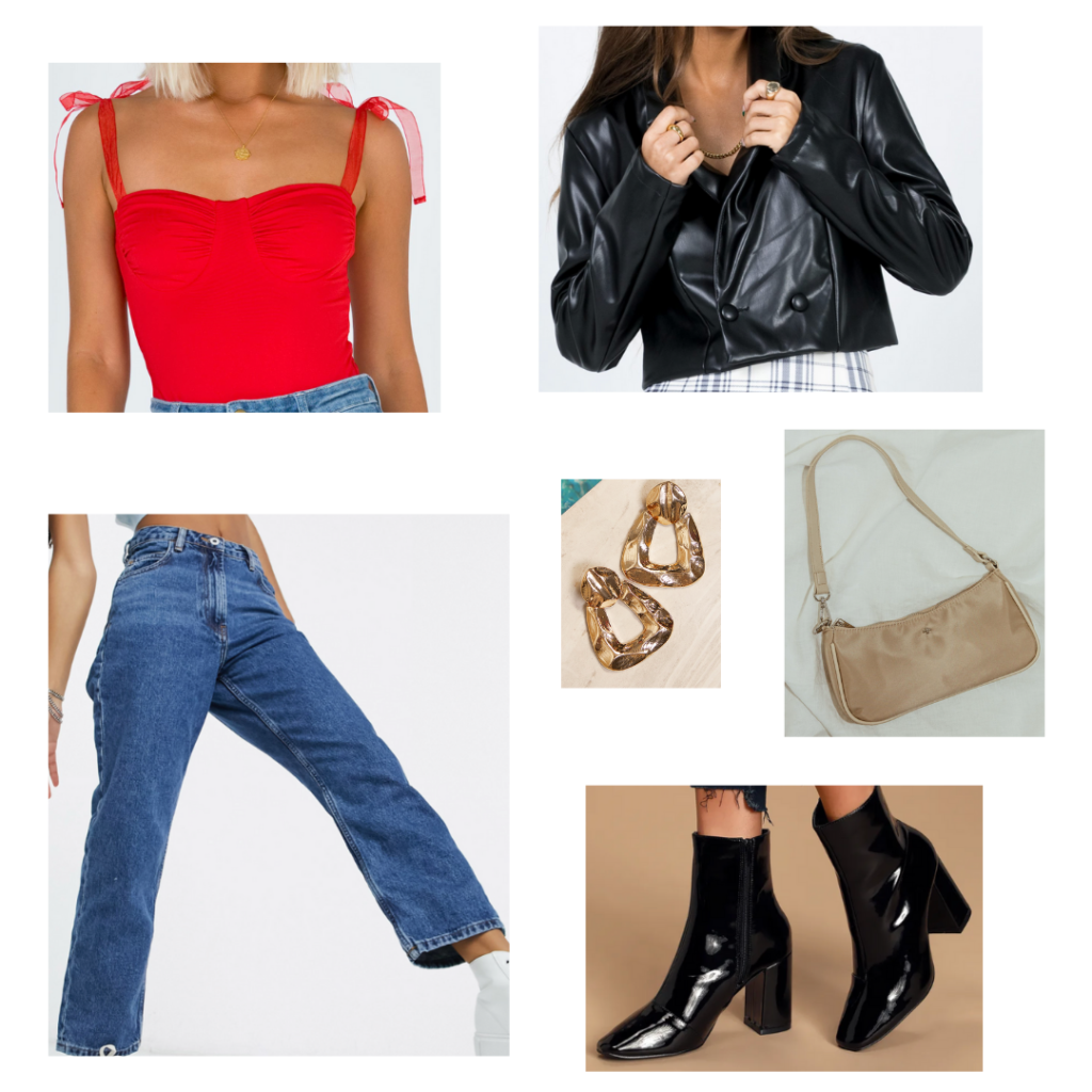 Sample Outfit: red sweetheart bodysuit, high-waisted cropped jeans, cropped leather jacket, chunky heeled patent booties, taupe shoulder bag