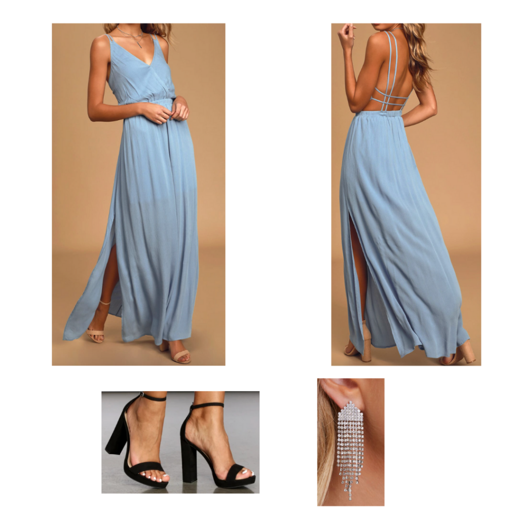 Formal Look: slate blue maxi dress with strappy back, black chunky heeled shoes, silver chandelier earrings