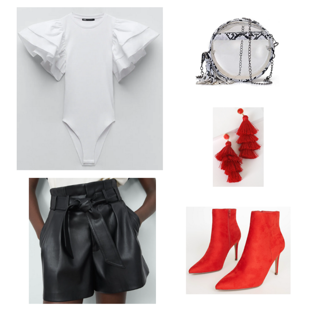 Gameday Look: white bodysuit with dramatic, ruffled short sleeves, faux leather paperbag shorts, red suede stiletto booties, red fringe dangle earrings, transparent purse