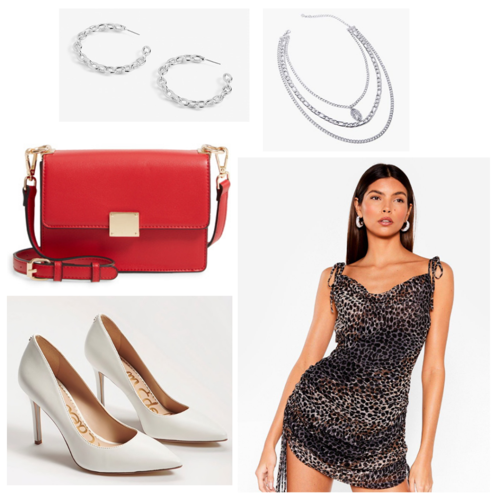 Sample look: leopard print dress with tie straps and ruching, white pointed toe pumps, red purse with gold details, silver jewelry, college formals