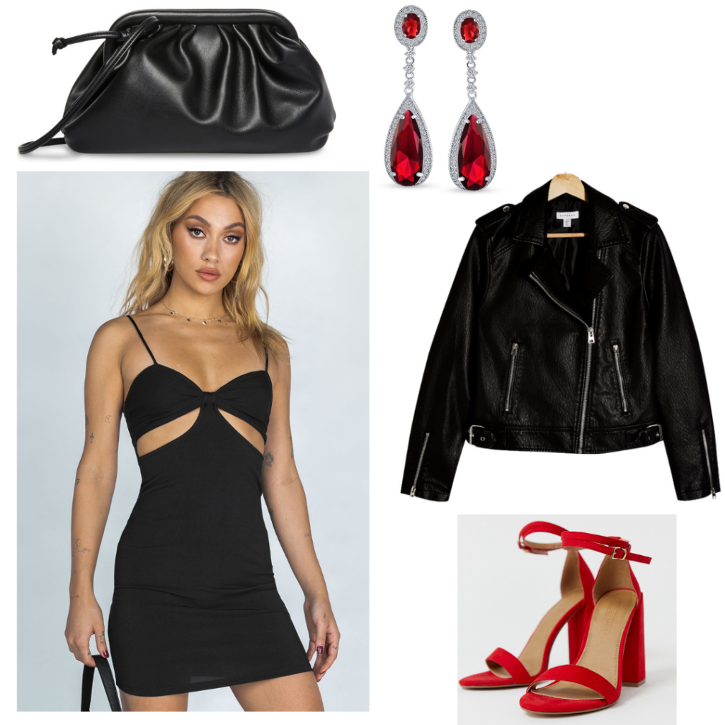 Sample look: black spaghetti strap dress with torso cutouts, red chunky heeled pumps, black motorcycle jacket, red drop earrings, black clutch