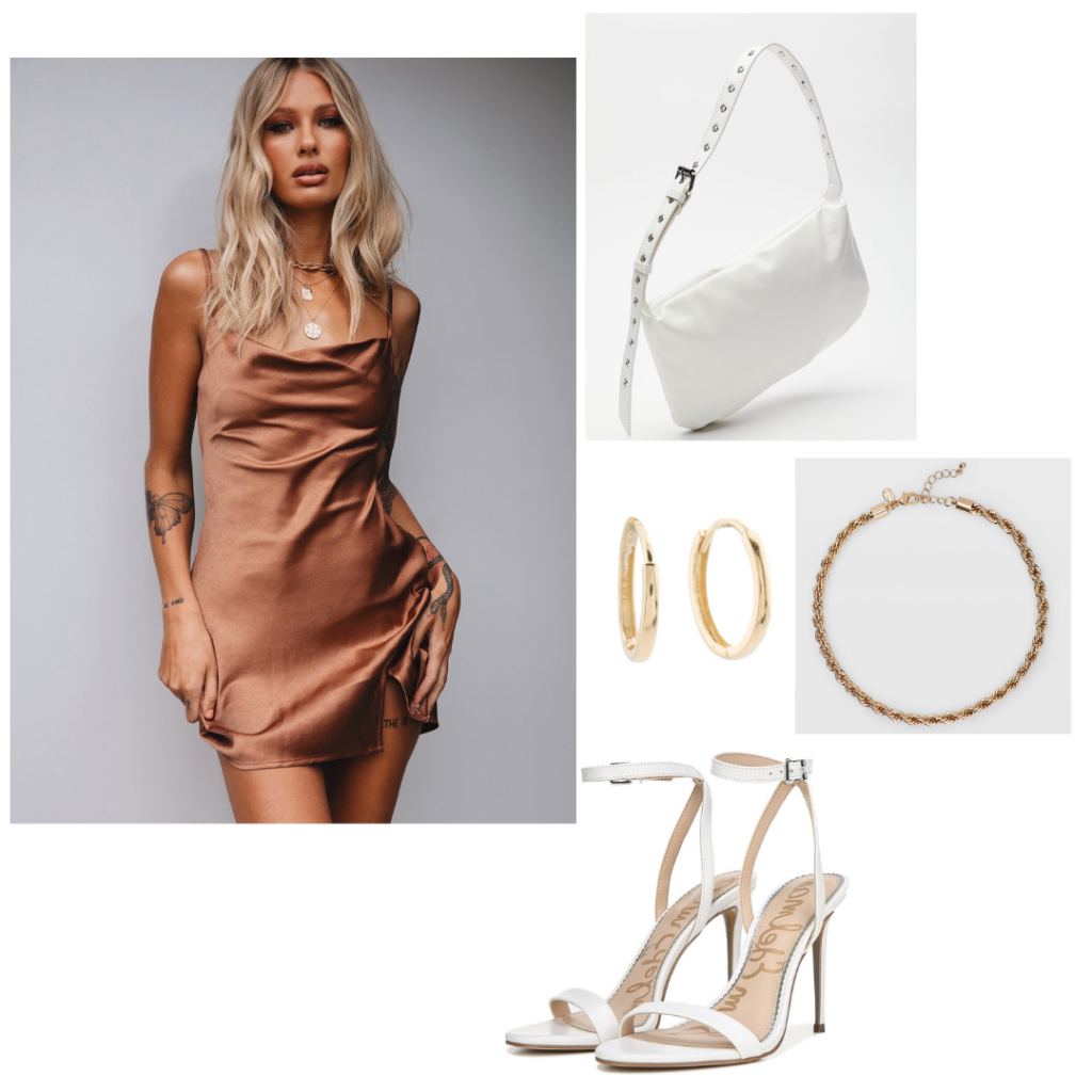 College formal outfit 1: bronze silky slip dress, white stilettos with ankle strap, gold jewelry, white shoulder bag, college life