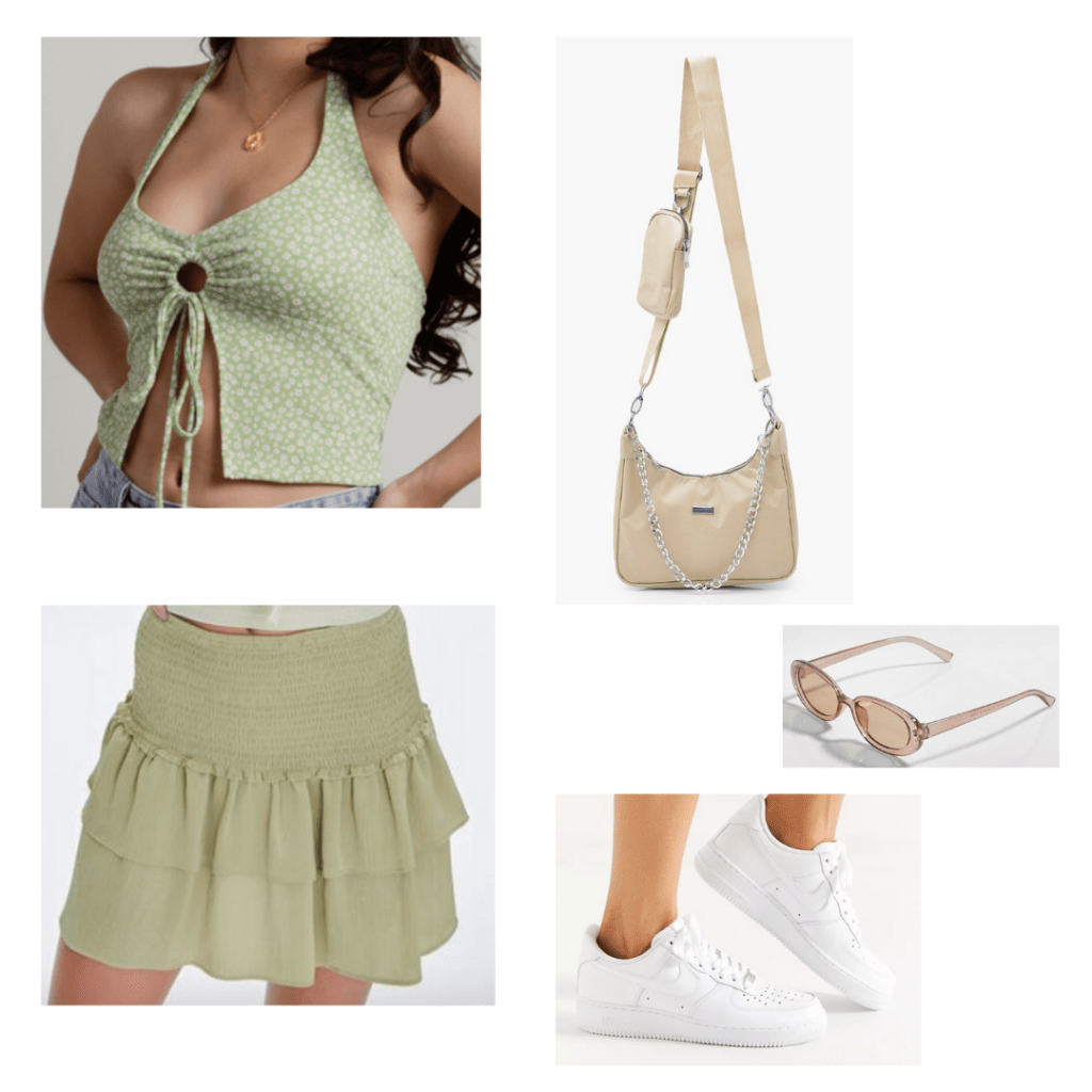 Summer 2021 outfit: green floral haltertop with keyhole ring and belly slit, muted green elastic ruffle skirt, white Nike Air Force 1s, tan purse