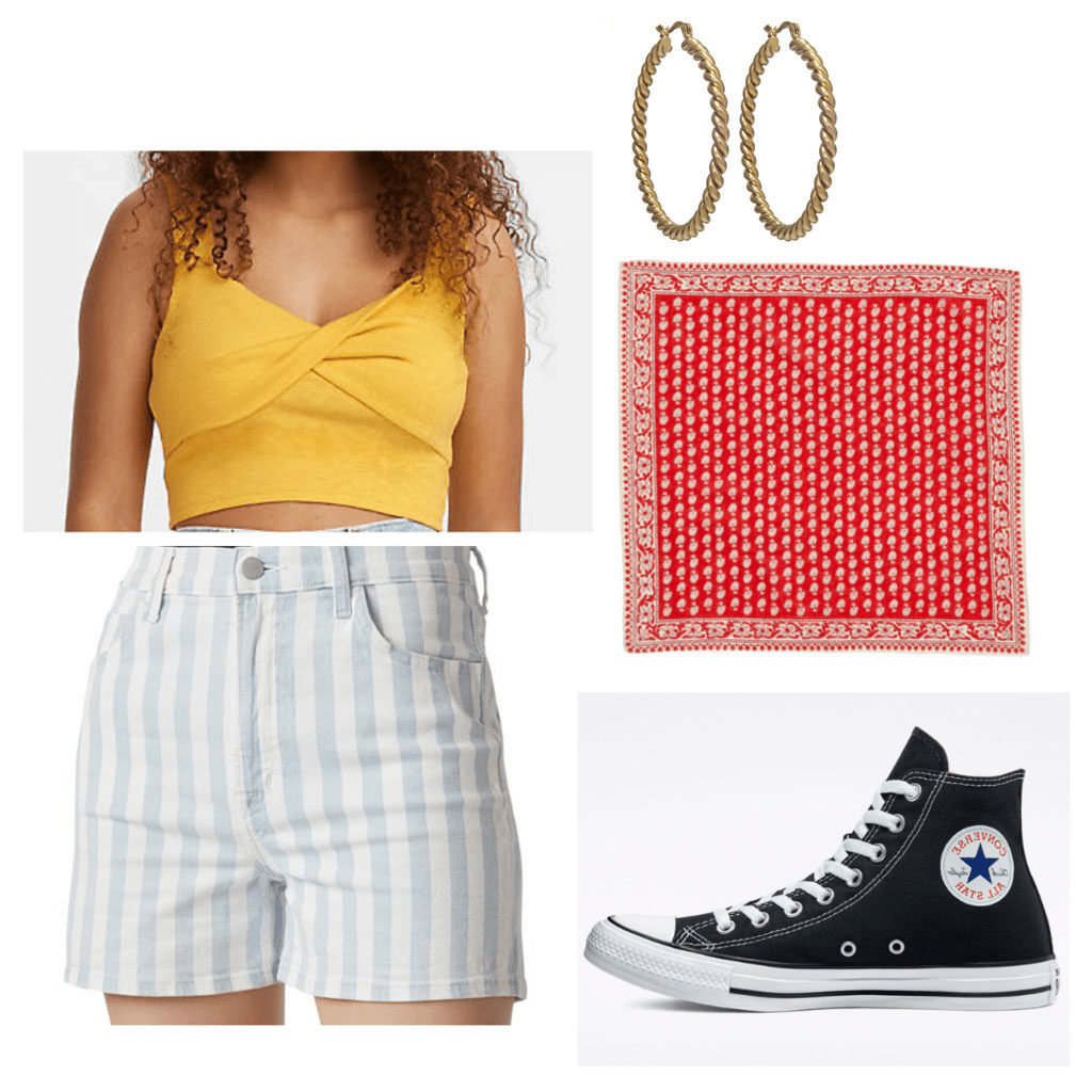 Summer outfit idea inspired by Georgia from Ginny and Georgia with striped shorts, Converse sneakers, crop top, red bandana, gold earrings