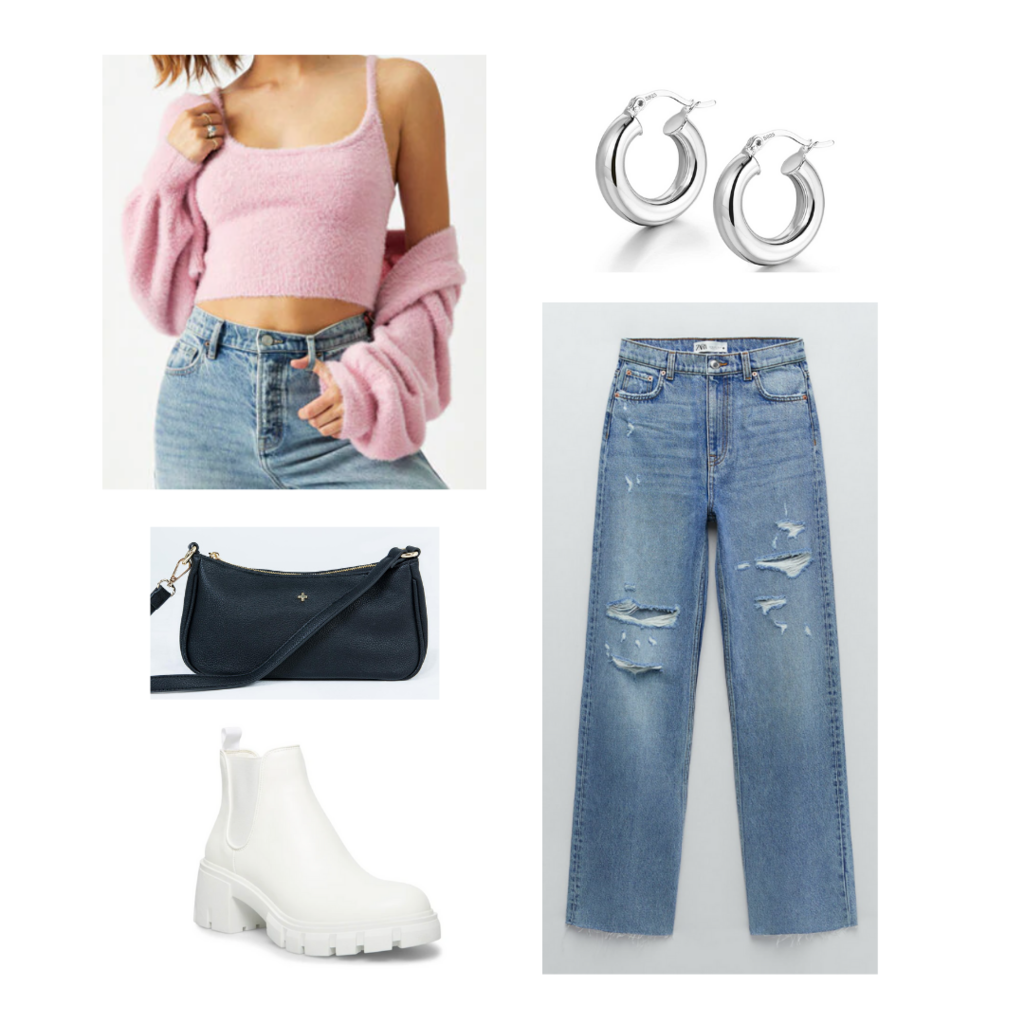 what to wear when it's cold in the morning and hot in the afternoon: Outfit with ripped jeans, sweater and crop top set, ankle boots, mini bag