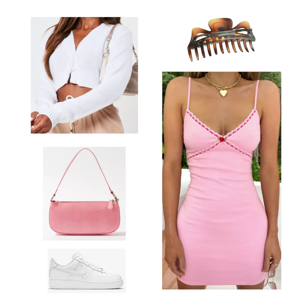 what to wear when it's cold in the morning and hot in the afternoon: Outfit with pink mini dress, pink mini bag, white zip cardigan, Nike Air Force 1s, claw clip