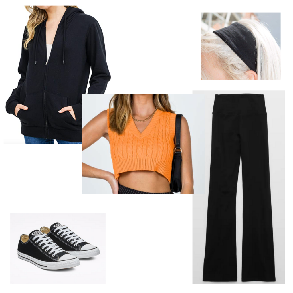 what to wear when it's cold in the morning and hot in the afternoon: Outfit with yoga pants, cropped sweater tank, Converse sneakers, oversized black hoodie, headband