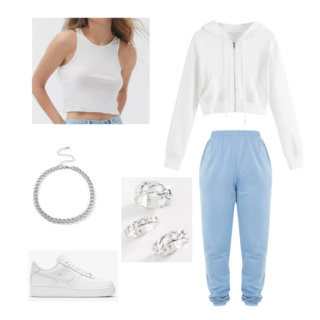 what to wear when it's cold in the morning and hot in the afternoon: Outfit with sweats, crop top, hoodie, chain necklace, sneakers, rings