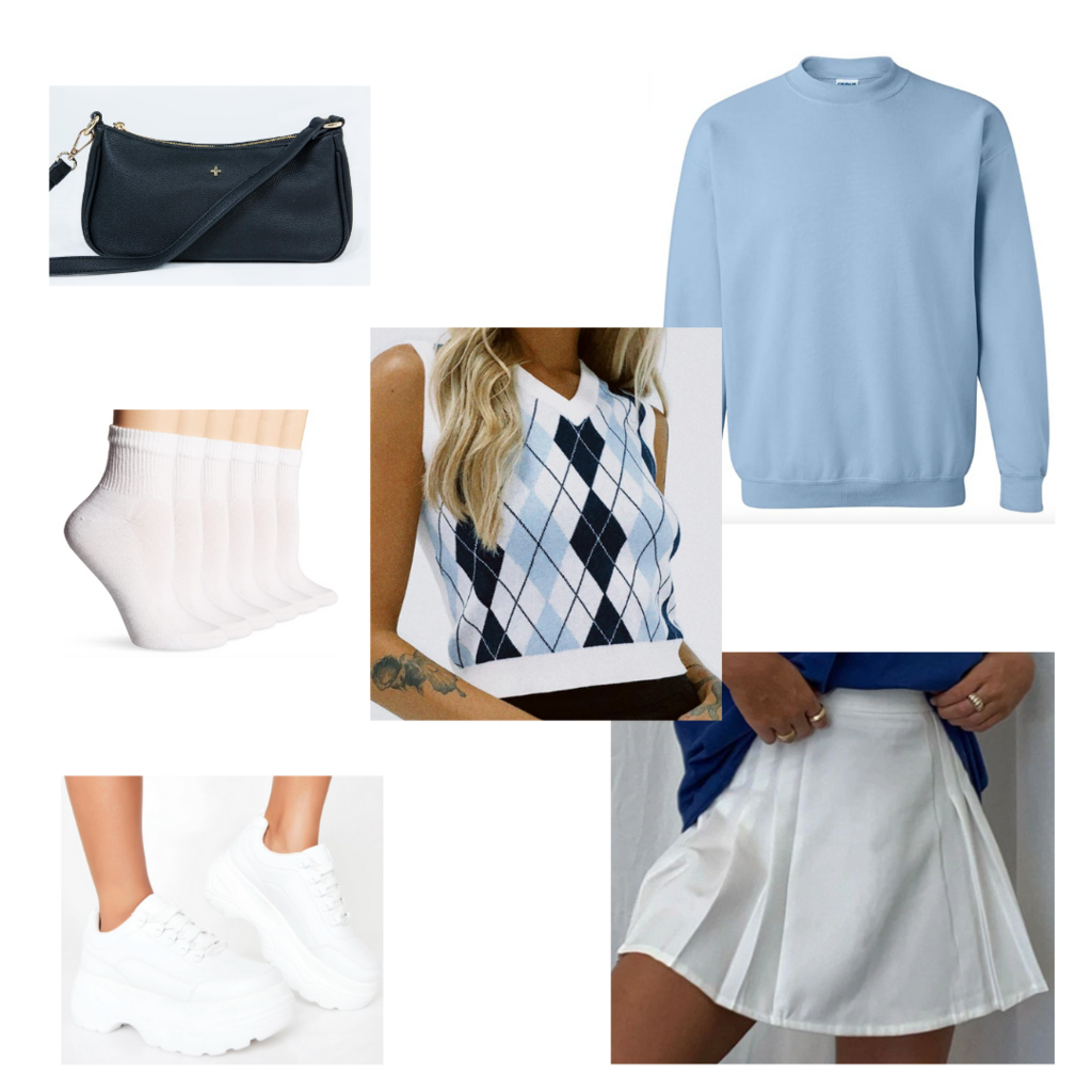 what to wear when it's cold in the morning and hot in the afternoon: Cute outfit with mini skirt, sweater vest, sweatshirt, mini bag, socks, dad sneakers