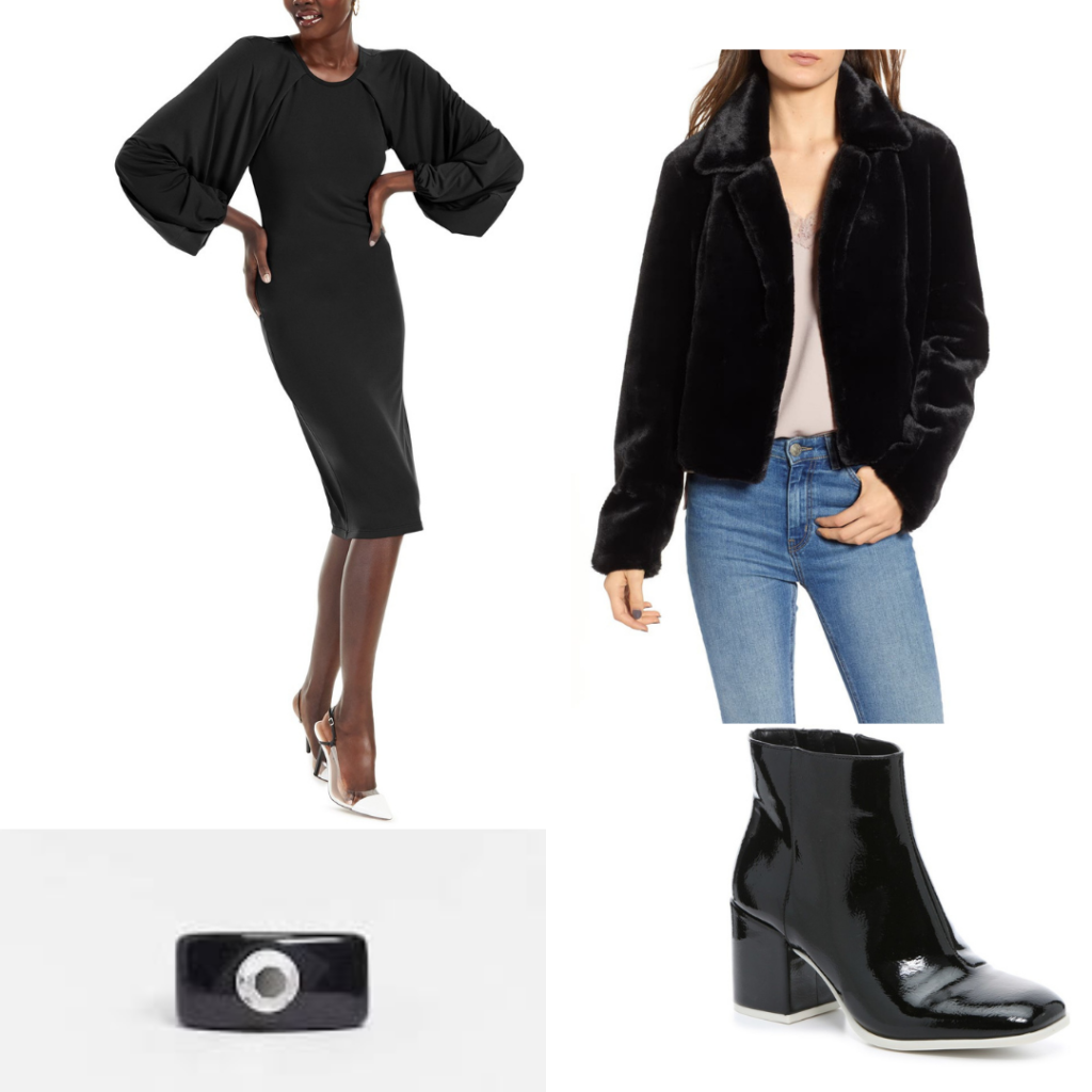 General Kirigan outfit with black dress, black fir coat, black heeled boots and black ring. 