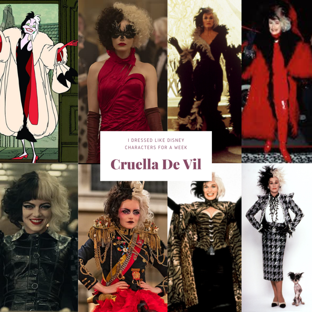 Collage of images of Cruella De Vil in both live action and animation