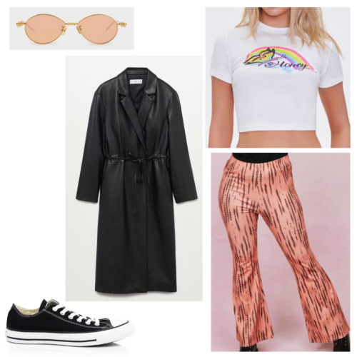 Olivia Rodrigo London inspired outfit: white crop graphic tee, orange flare pants, black trench coat, black low top converse