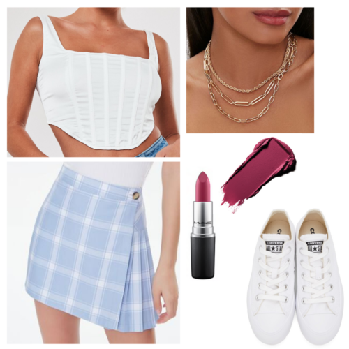 Olivia Rodrigo good 4 u inspired outfit: white crop top, blue plaid skirt, white converse low tops, berry lipstick, layered gold chain necklaces