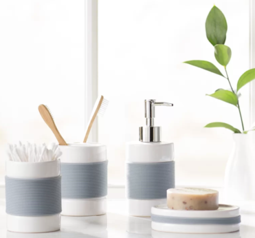 Blue and white bathroom accessory set from Wayfair