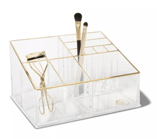 Clear and gold countertop makeup organizer