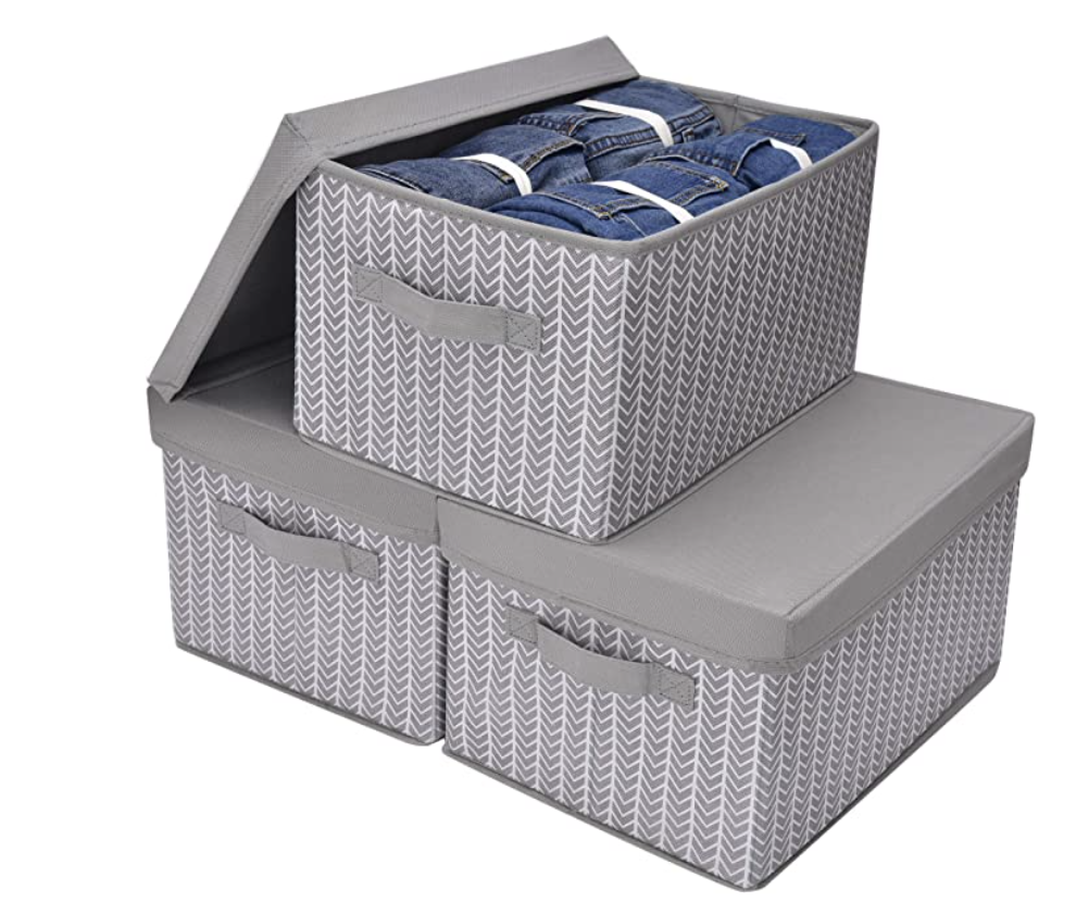 Grey and white herringbone printed storage bins with lids from Amazon