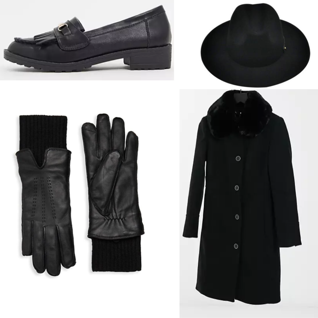 Kaz Brekker outfit with black fur coat, black gloves, loafers and black fedora.