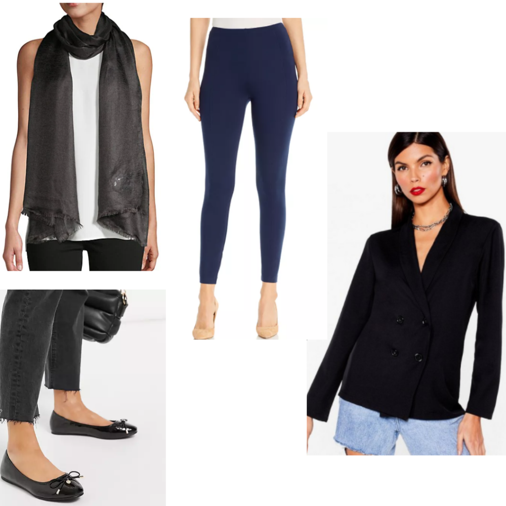 Inej Ghafa outfit with ballet flats, black blazer, scarf and blue leggings. 