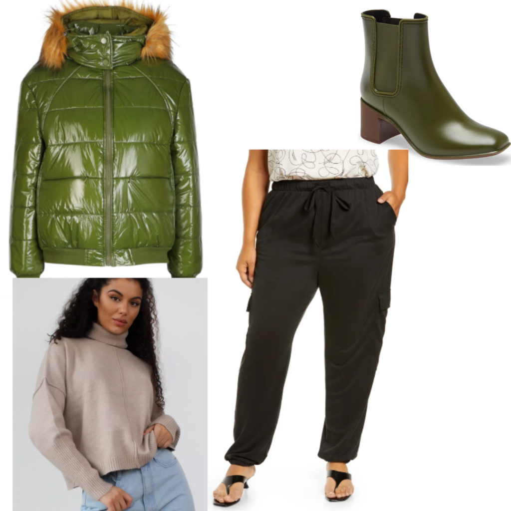 Mal Oretsev outfit with puffer jacket, green boots, cargo pants and jumper. 