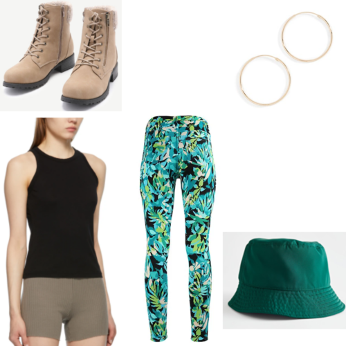 On the Come Up inspired outfit with blue and green printed leggings, green bucket hat, black tank top, gold hoop earrings, and tan combat boots with fur lining