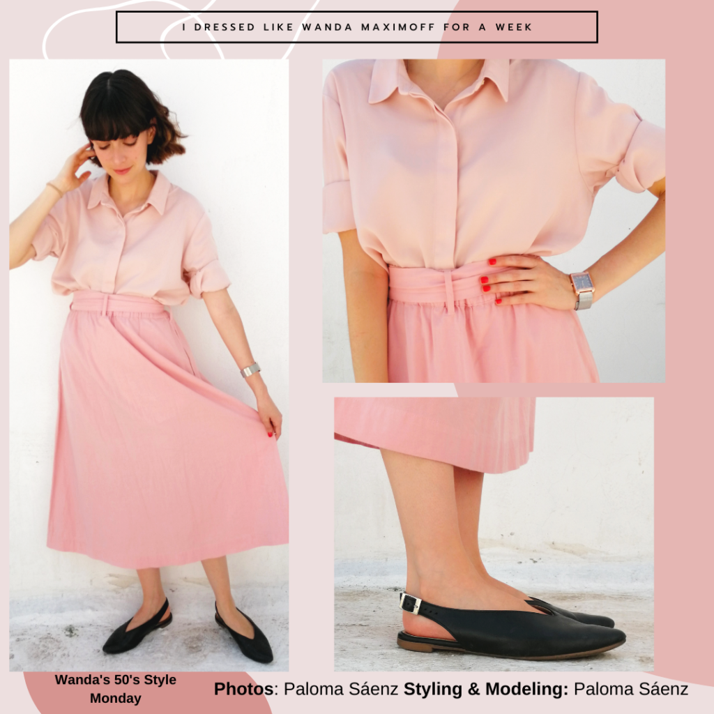 Outfit inspired by Wanda Maximoff in WandaVision: 1950s outfit with pink skirt, button-down shirt, black flats