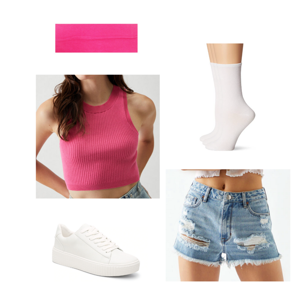 Amusement park outfit #1: Denim shorts, white sneakers, pink crop top, ankle socks, pink headband