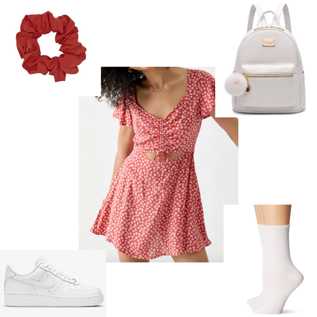 Amusement park outfit #2: Dress outfit with red dress, white sneakers, white mini backpack