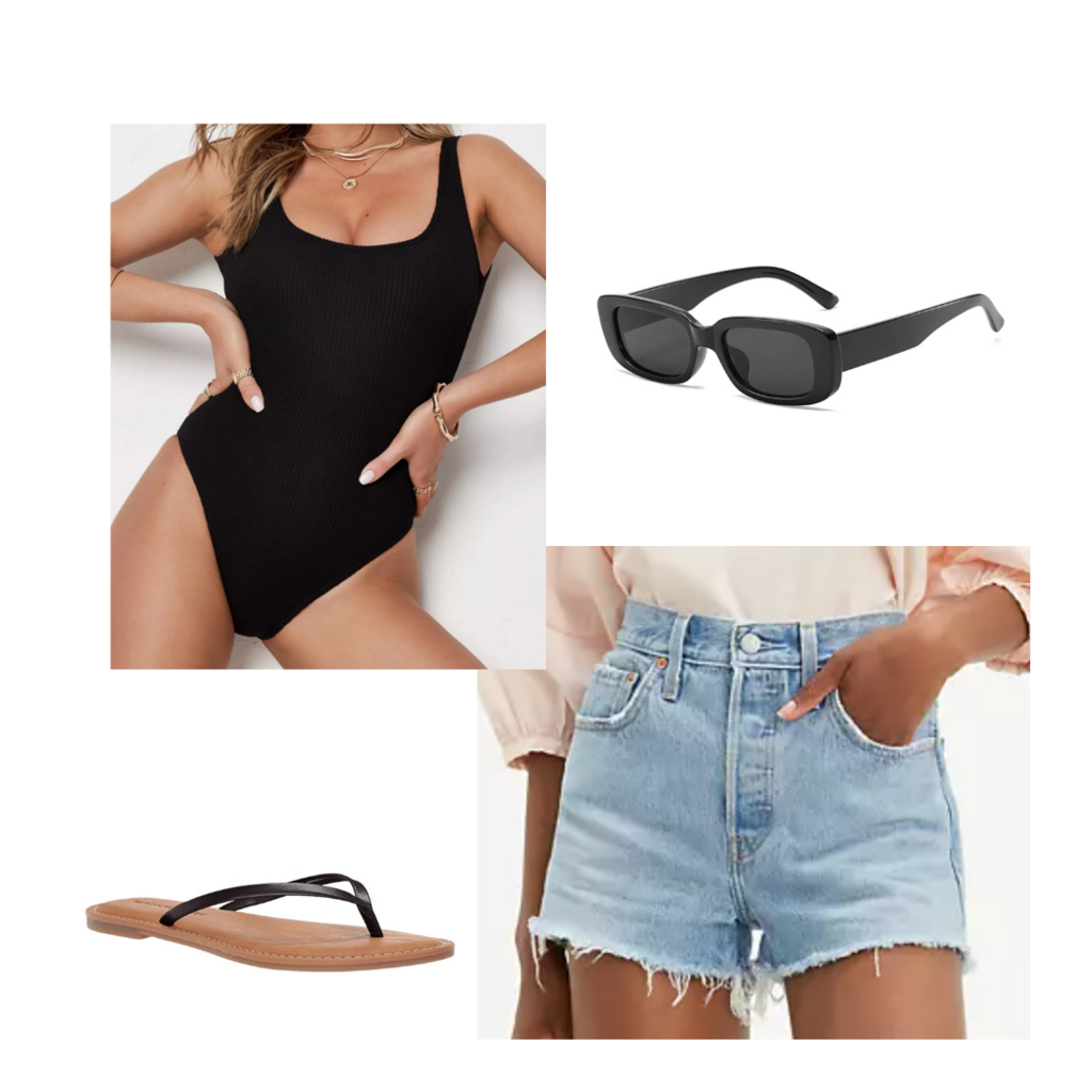 Amusement park outfit #3: Outfit for a water park with flip flops, denim shorts, black one-piece bathing suit, sunglasses