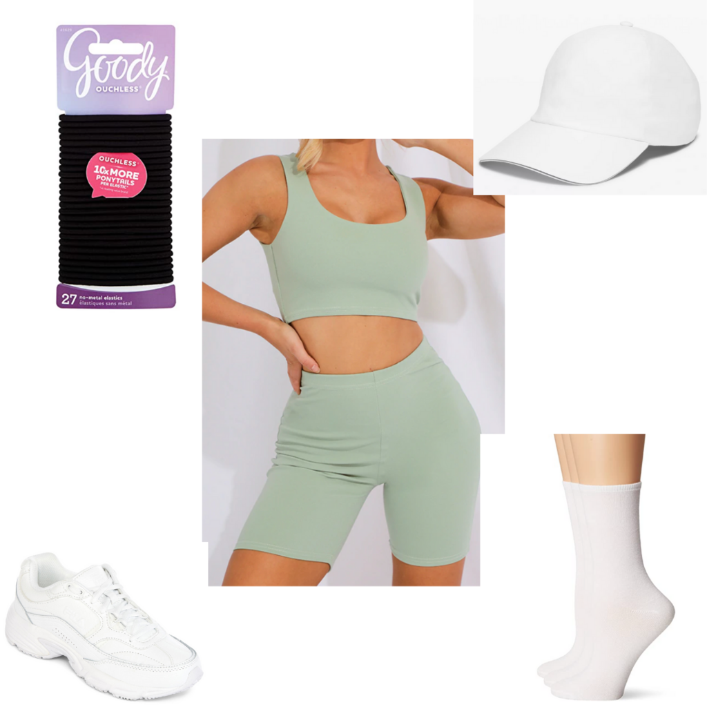 Amusement park outfit #4: Cute bike shorts and sports bra set with white sneakers and white hat