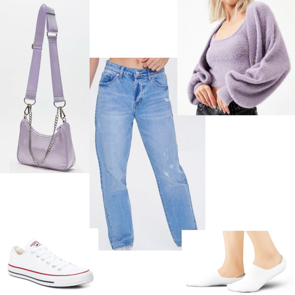 Amusement park outfit #5: Outfit for nighttime with wide leg jeans, fuzzy cardigan and crop top, white sneakers, purple crossbody purse