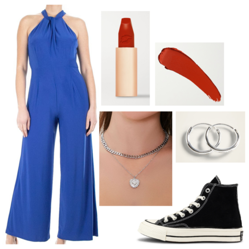 Olivia Rodrigo sour press outfit: blue halter neck jumpsuit, black high top converse, silver hoop earrings, silver layered chain necklaces, red lipstick