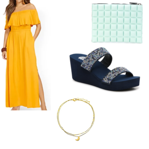 The siren inspired outfit with yellow bohemian dress, blue wedge sandals, gold necklace and mint green purse.