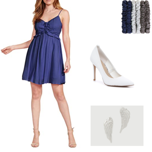 The raven and the dove inspired outfit with blue dress, scrunchies, white pumps, and wing earrings. 