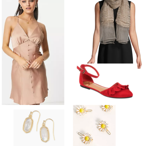 Chain of gold inspired outfit with silky rose dress, scarf, red sandals, daisy hair clips, and earrings. 