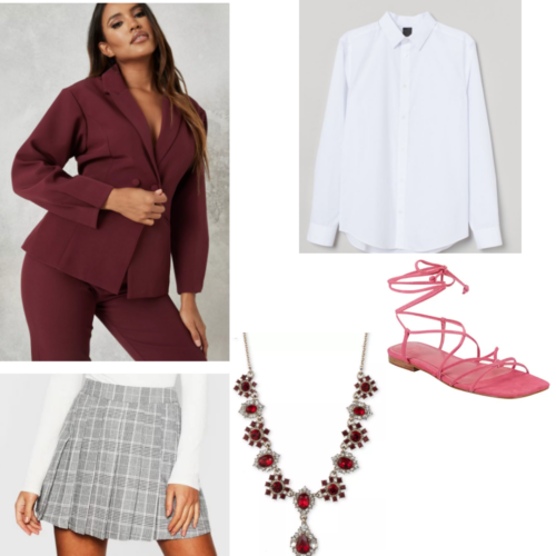 Of curses and kisses inspired outfit with maroon blazer, white buton-up shirt, grey plaid skirt, jeweld necklace and strappy pink sandals. 