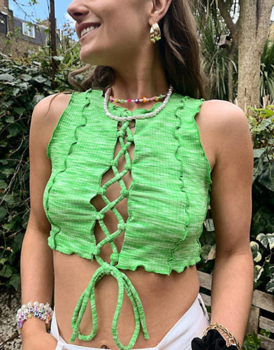 Asos Bershka exposed seam lace up cropped tank set in green