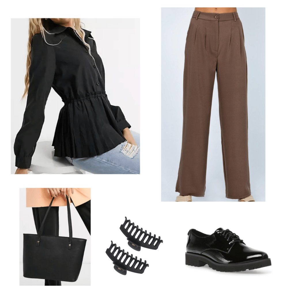 STEM internship outfit with brown pants, tunic top, hair clips, black chunky heeled loafers