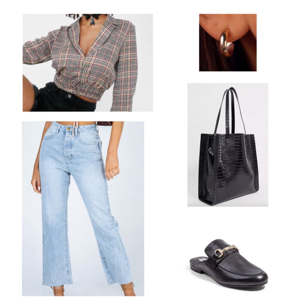 Sample Outfit: cropped plaid shirt with lapels, distressed boyfriend jeans, black crocodile tote bag, flat black loafer slides