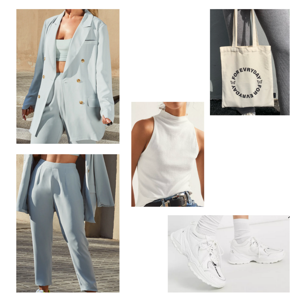 Sample look: baby blue oversized suit set, mock neck white tank top, chunky white sneakers, tote bag